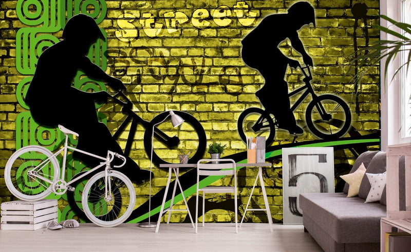 Flizelīna fototapetes ar graffiti un BMX riteņi zaļā krāsā 375 x 250 cm D-ART