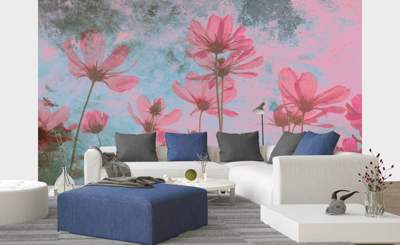 Flizelīna fototapetes ar pļavas ziediem rozā un zilos toņos, D362 375 x 250 cm D-ART