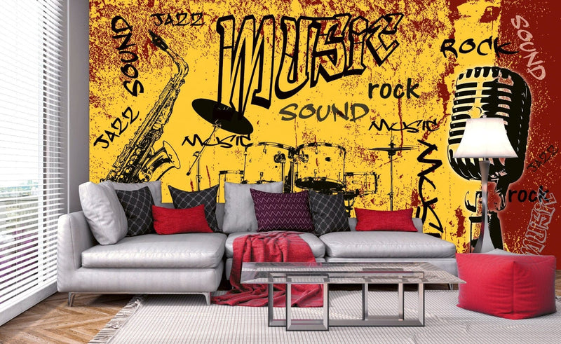 Flizelīna fototapetes - jauniešu istabai ar mūzikas tematiku dzeltenā krāsā 375 x 250 cm D-ART