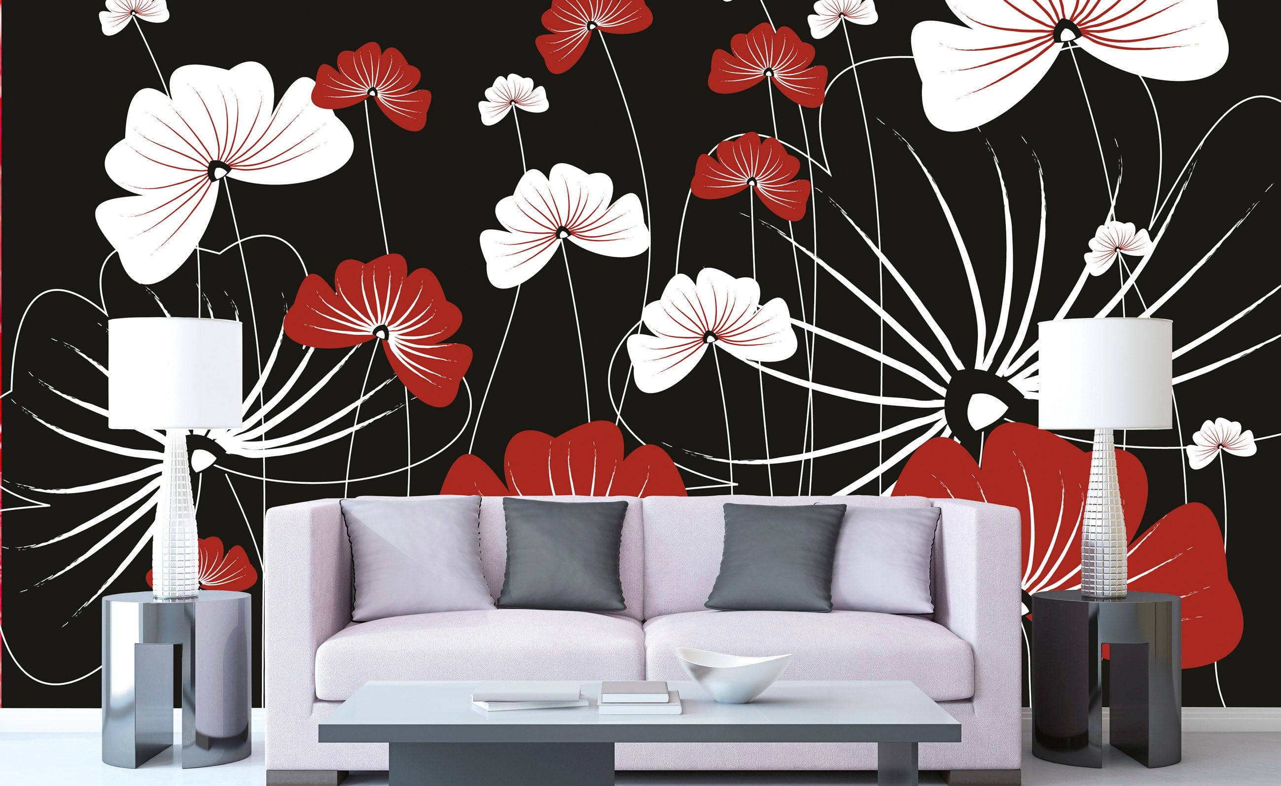 Flizelīna fototapetes - Stilizēti ziedi uz melna fona 375 x 250 cm D-ART