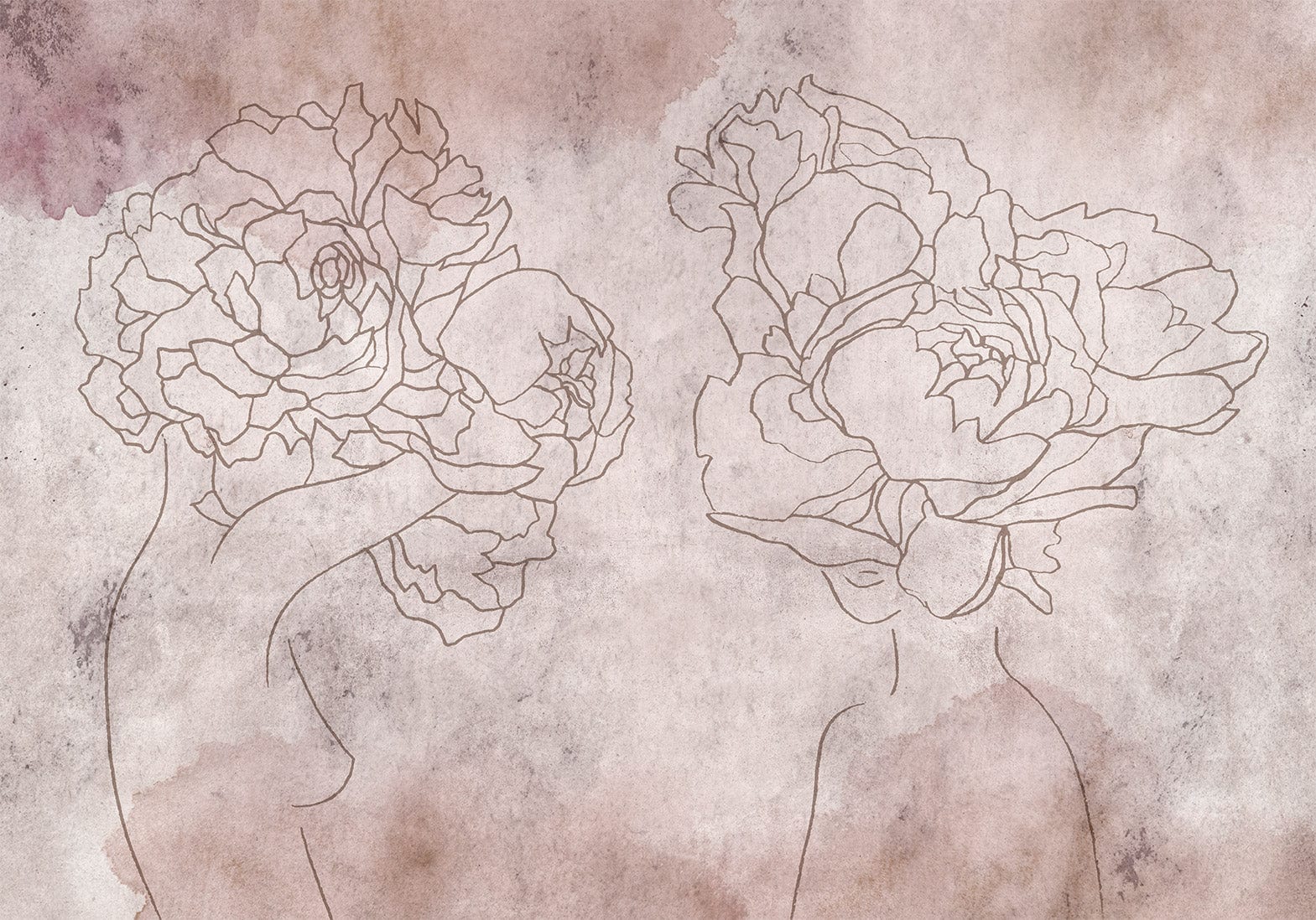 Fototapetes ar abstrakta rakstu - Floristiska abstrakcija – cilvēku silueti ar ziediem lineart stilā Tapetenshop.lv