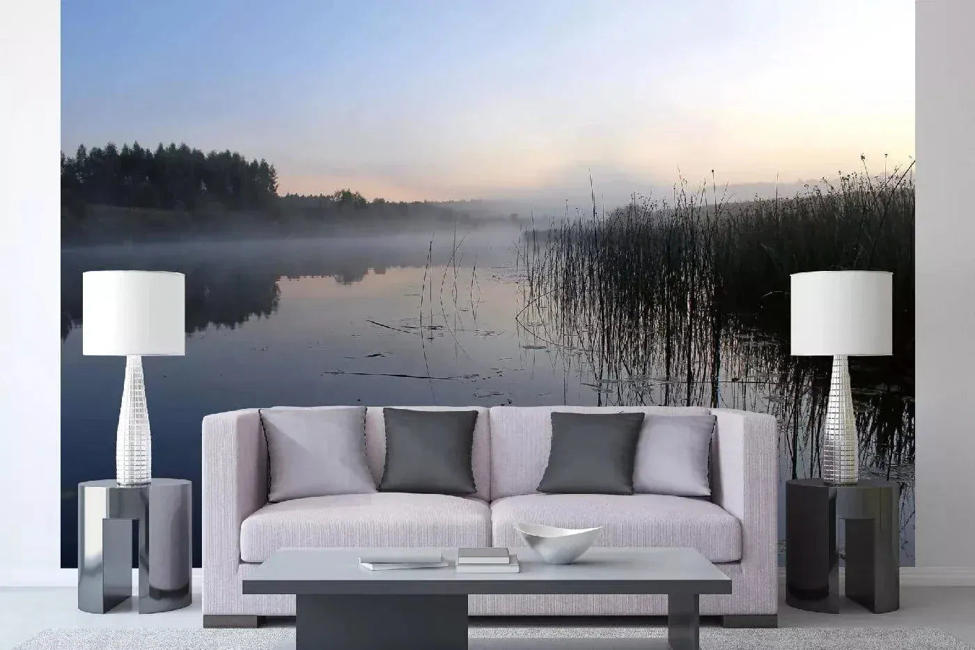 Fototapetes ar dabu - Upe pirms rītausmas miglā, 375x250 cm D-ART