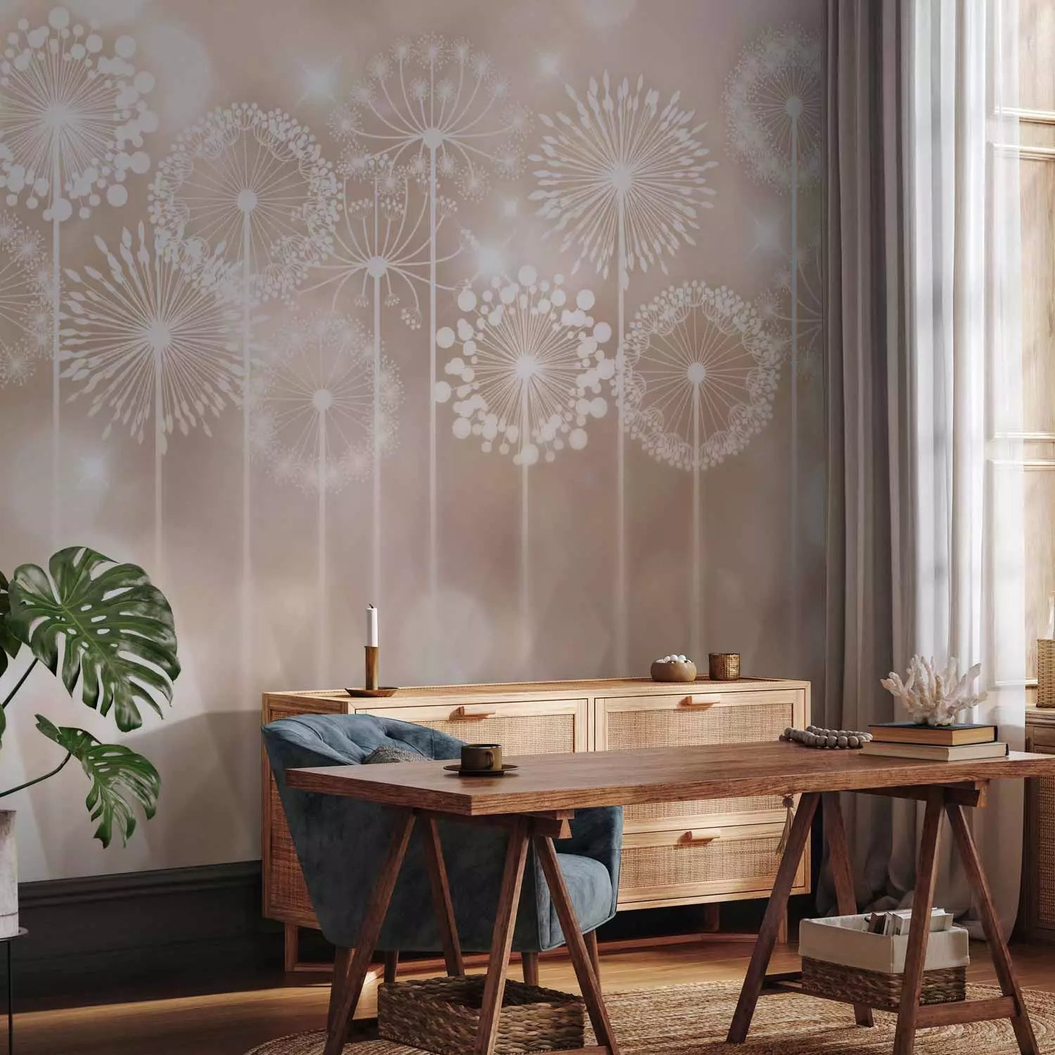 Fototapetes ar ziediem - Krāšņi ziedi – pienenes uz smilškrāsas fona, 64724 E-interjers.lv