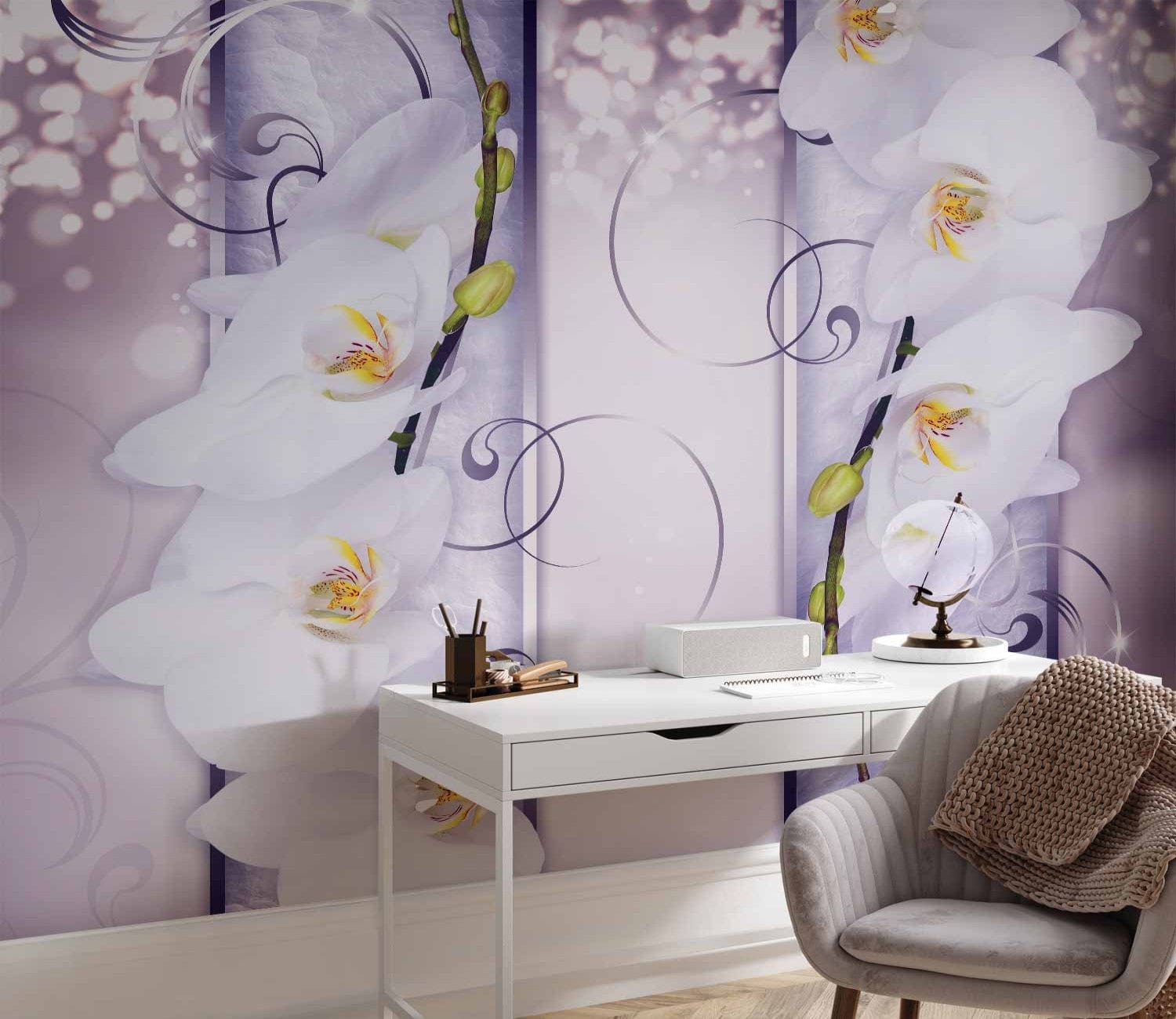 Elegant wall mural with white orchids on a violet background, featuring intricate details and eco-friendly materials, product 60175.