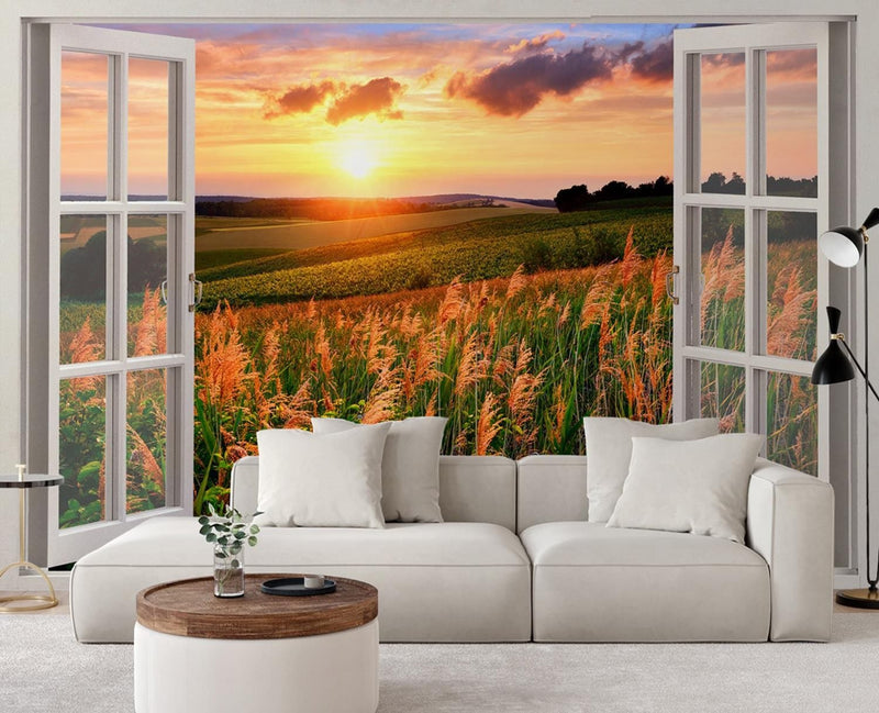 Fototapetes, Skats no loga - saulriets pāri pļavai Home Decor