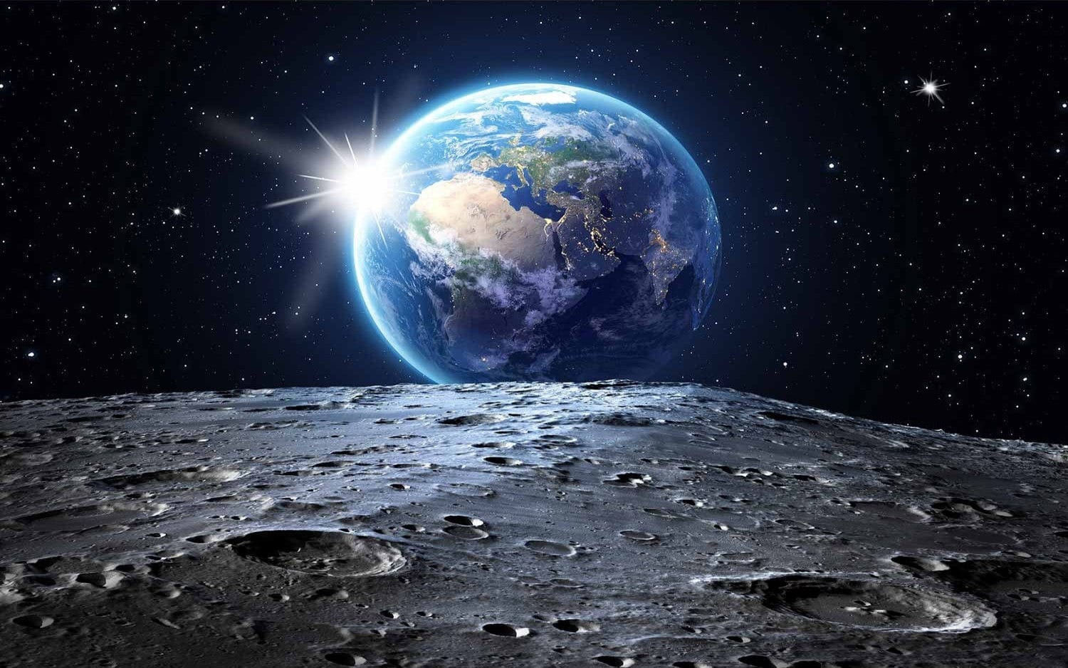 Stunning view of Earth from the moon, featuring vibrant colors, perfect for Fototapetes in a modern living room.