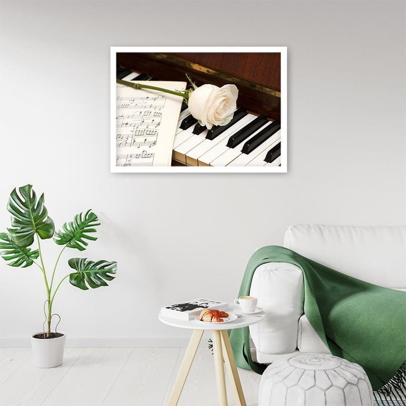 Glezna baltā rāmī - White Rose On The Piano  Home Trends DECO