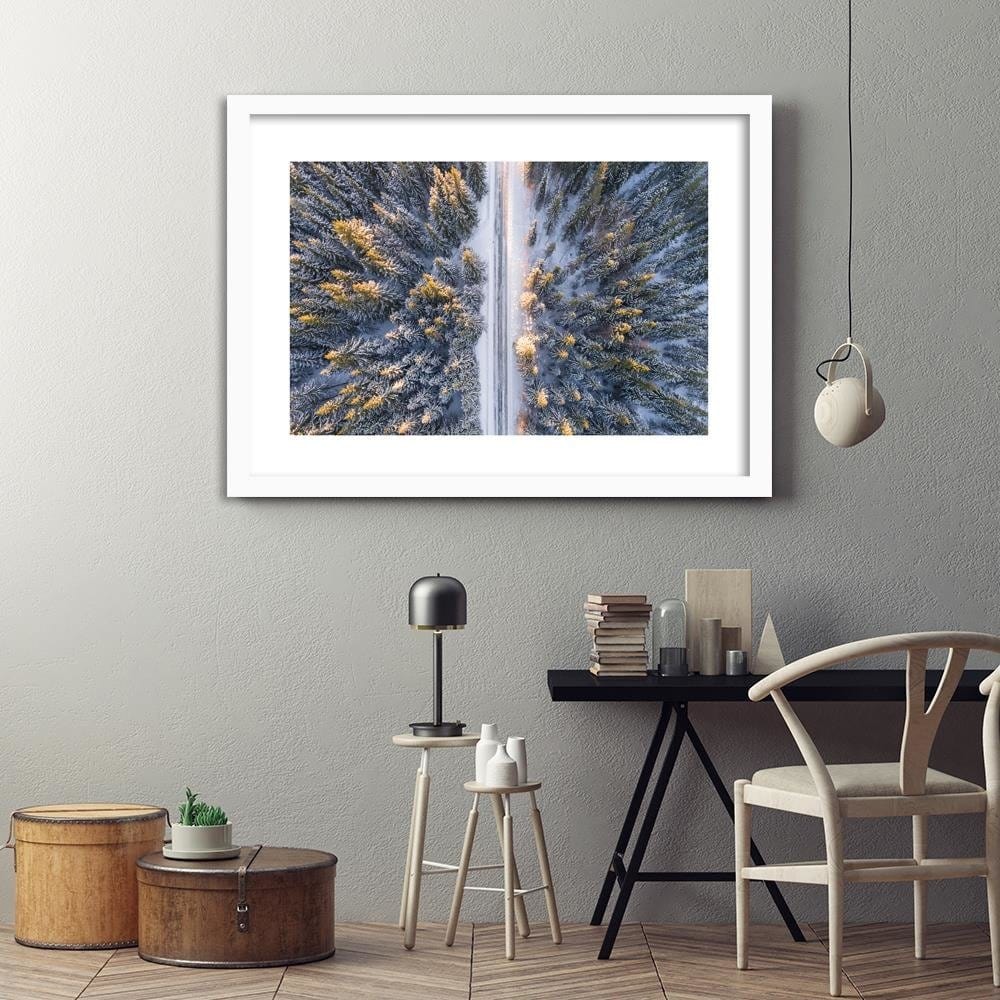 Glezna baltā rāmī - Winter Forest With A Bird's Eye View  Home Trends DECO