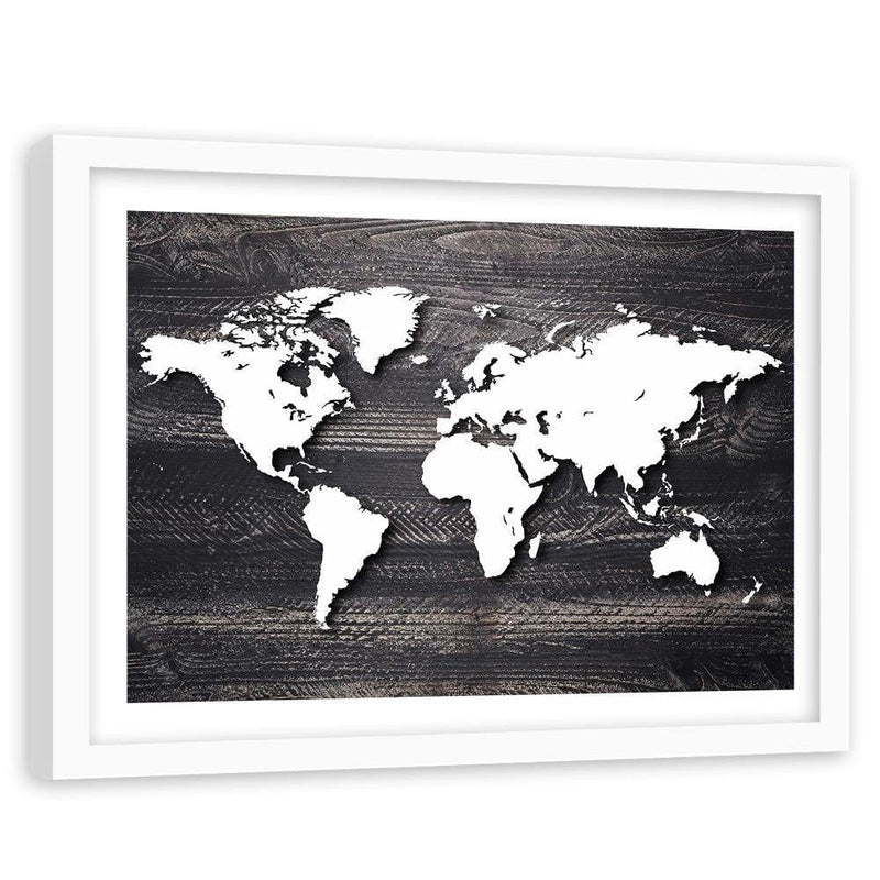 Glezna baltā rāmī - World Map On A Gray Wood  Home Trends DECO