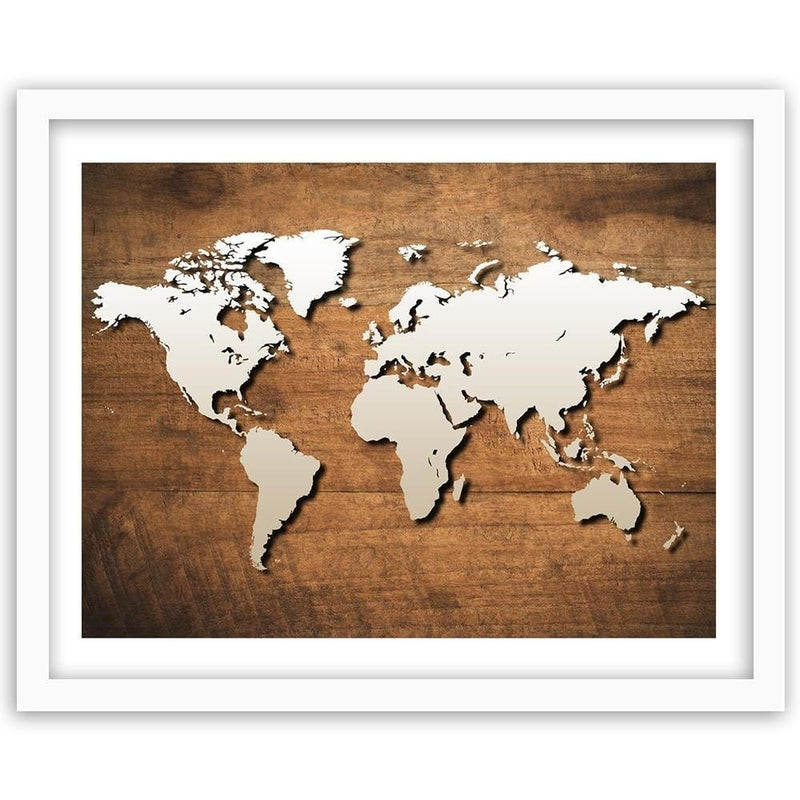 Glezna baltā rāmī - World Map On A Wooden Board  Home Trends DECO