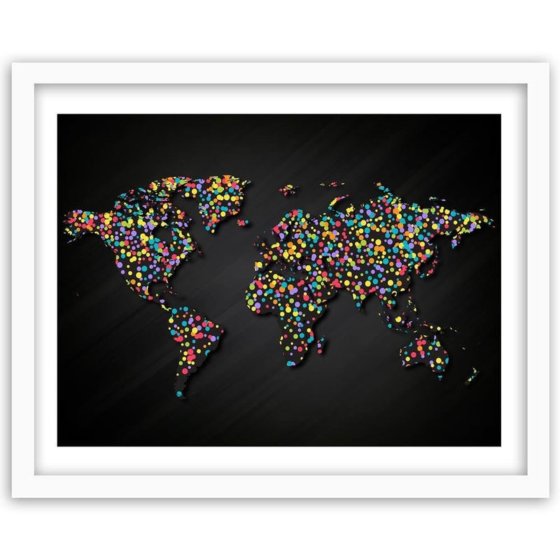 Glezna baltā rāmī - World Map With Colored Dots  Home Trends DECO