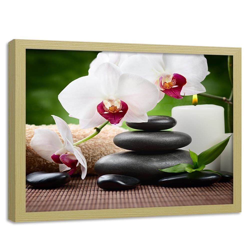 Glezna bēšā rāmī - Black Stones And White Orchid  Home Trends DECO