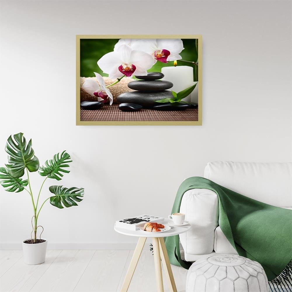 Glezna bēšā rāmī - Black Stones And White Orchid  Home Trends DECO