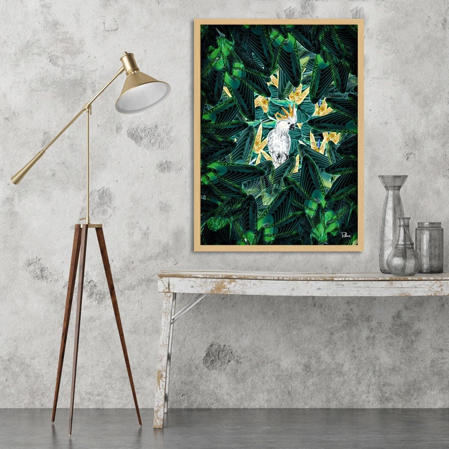 Glezna bēšā rāmī - Cockatoo Image Tropical Green  Home Trends DECO