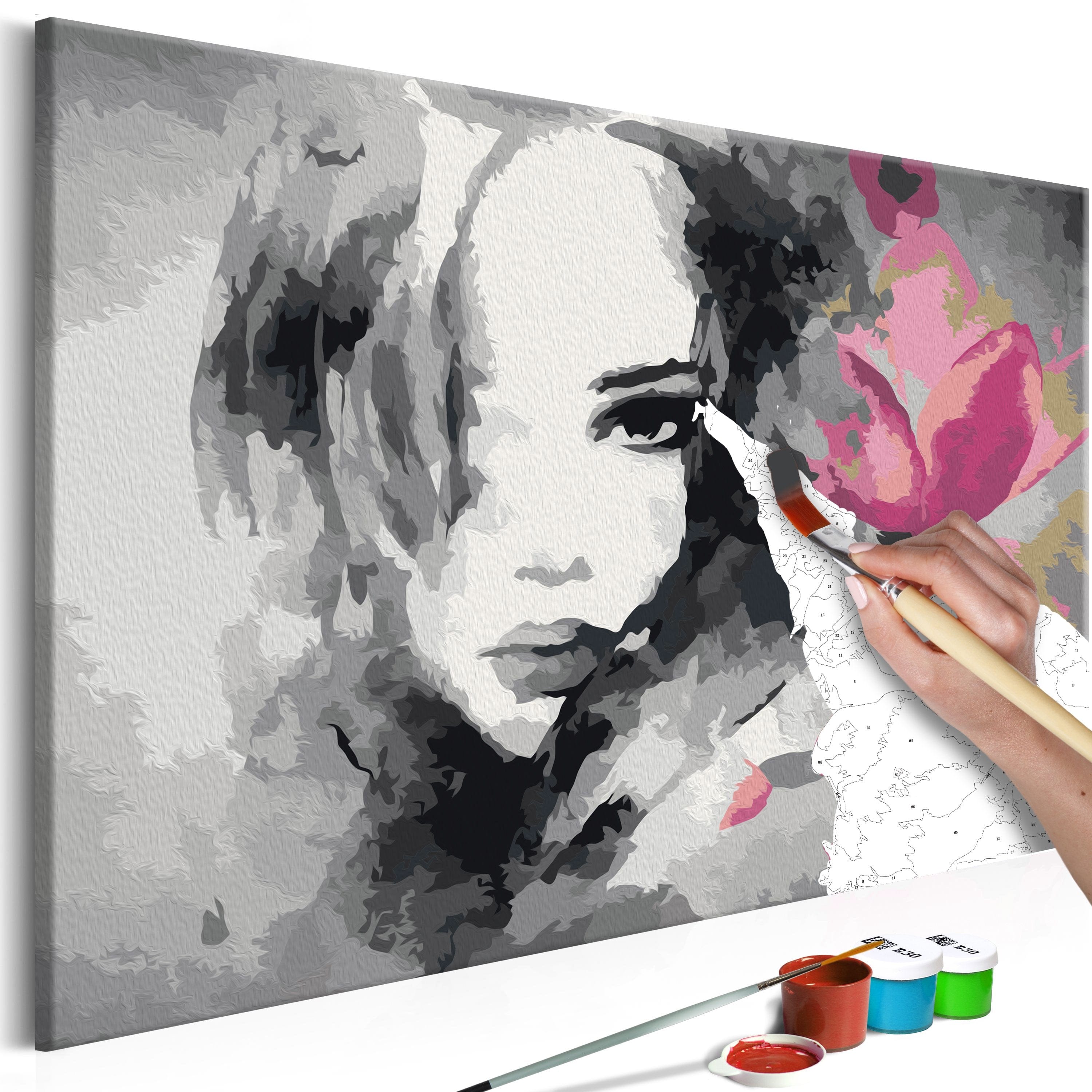 Glezna izkrāso pēc cipariem - Black & White Portrait With A Pink Flower 60x40 cm Artgeist