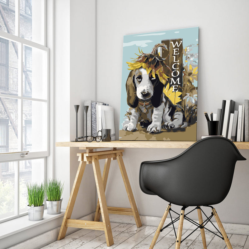 Glezna izkrāso pēc cipariem - Dog and Sunflowers 40x60 cm Artgeist