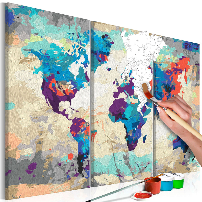 Glezna izkrāso pēc cipariem - World Map (Blue & Red) 3-daļīga (60x40 cm) Artgeist