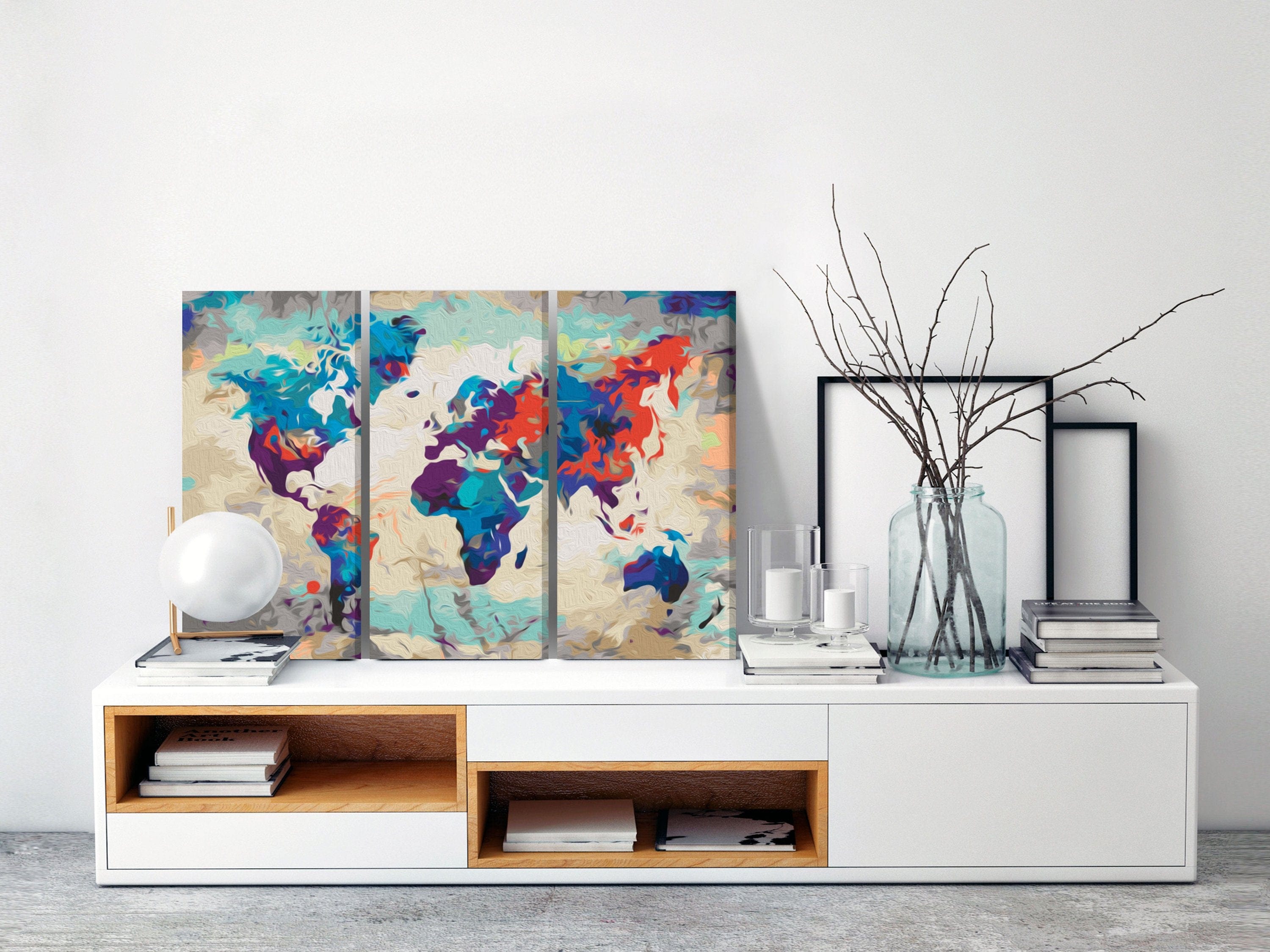 Glezna izkrāso pēc cipariem - World Map (Blue & Red) 3-daļīga (60x40 cm) Artgeist