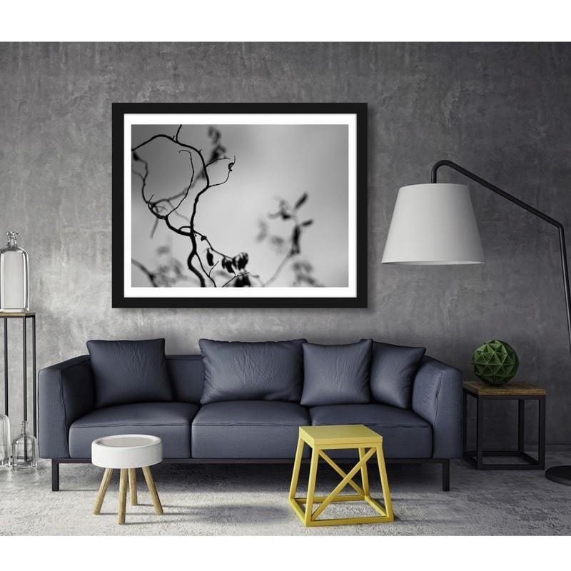 Glezna melnā rāmī - A branch on a gray background  Home Trends