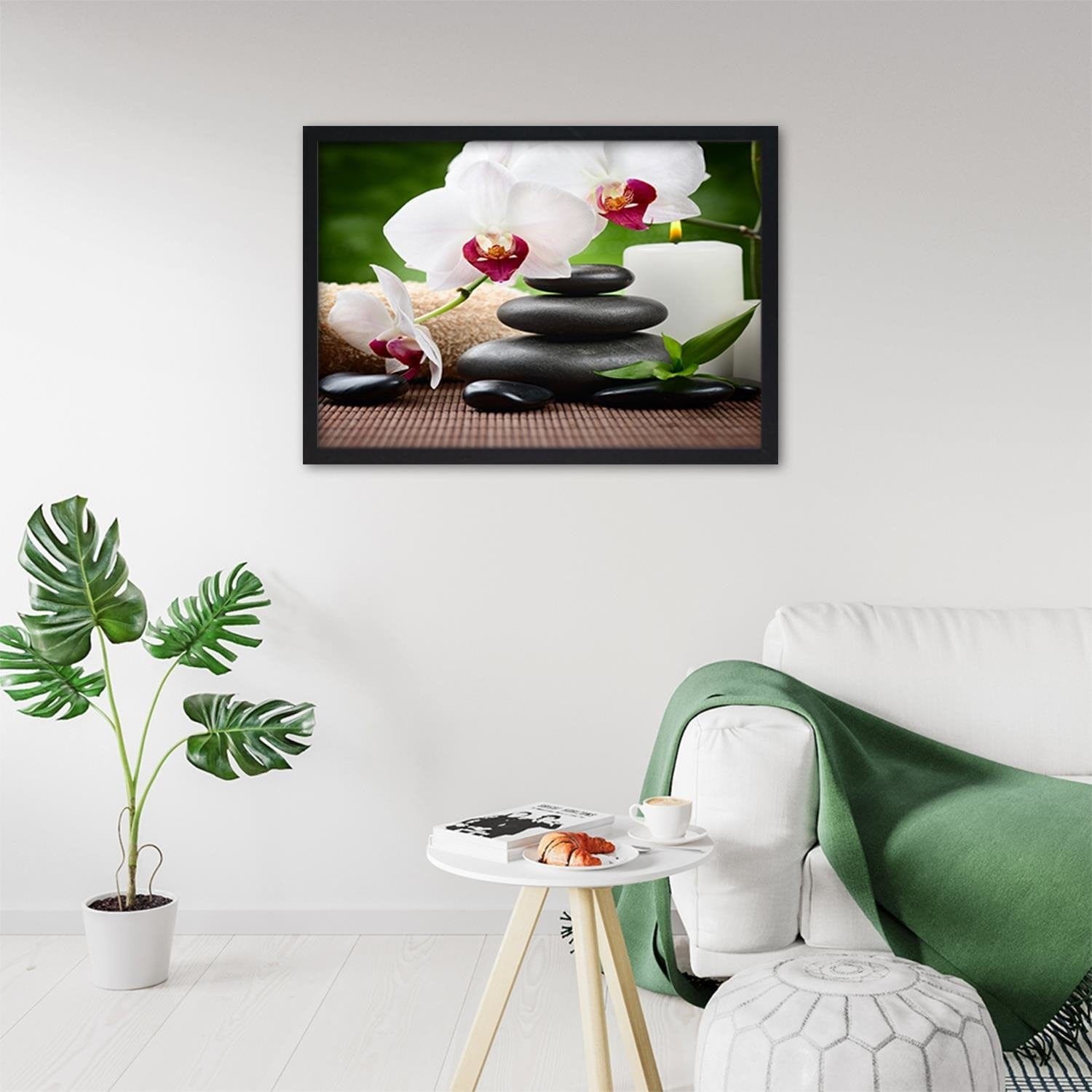 Glezna melnā rāmī - Black Stones And White Orchid  Home Trends