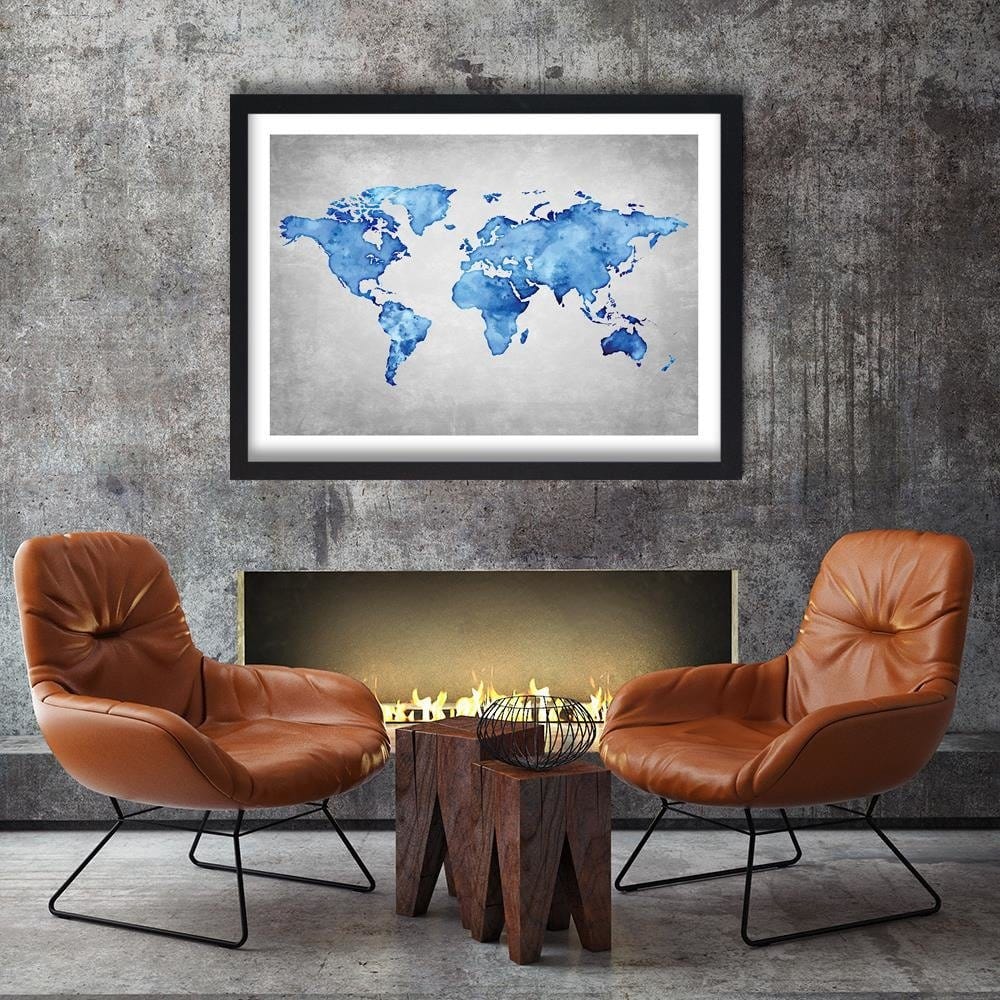 Glezna melnā rāmī - Blue Map Of The World  Home Trends