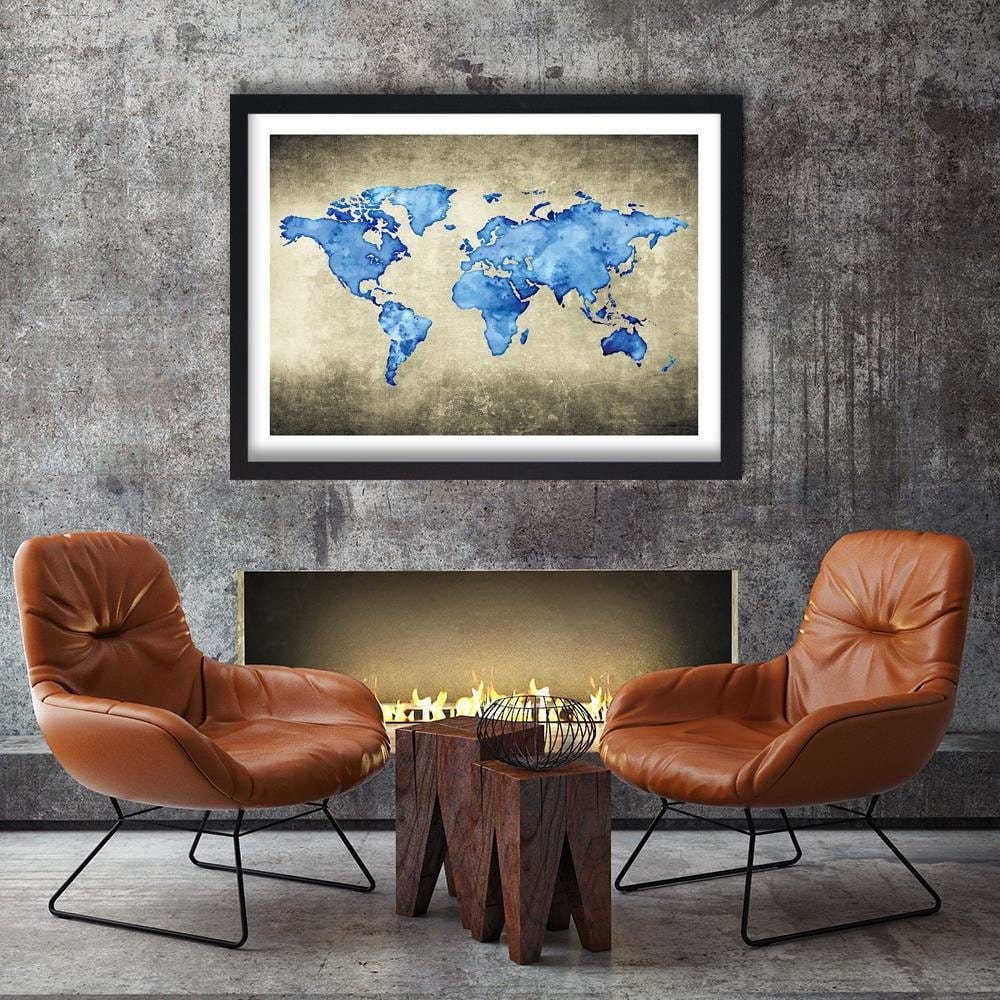 Glezna melnā rāmī - Blue Map Of The World  Home Trends