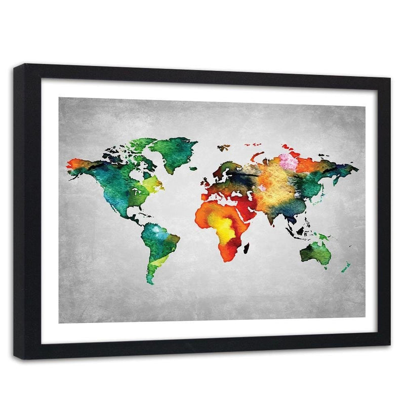 Glezna melnā rāmī - Colorful World Map On Concrete  Home Trends
