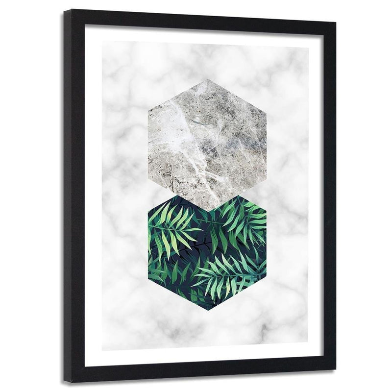 Glezna melnā rāmī - Fern Leaf In A Hexagon - Marble  Home Trends