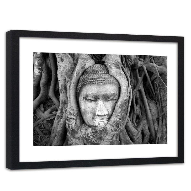 Glezna melnā rāmī - Head Of Buddha In Tree  Home Trends