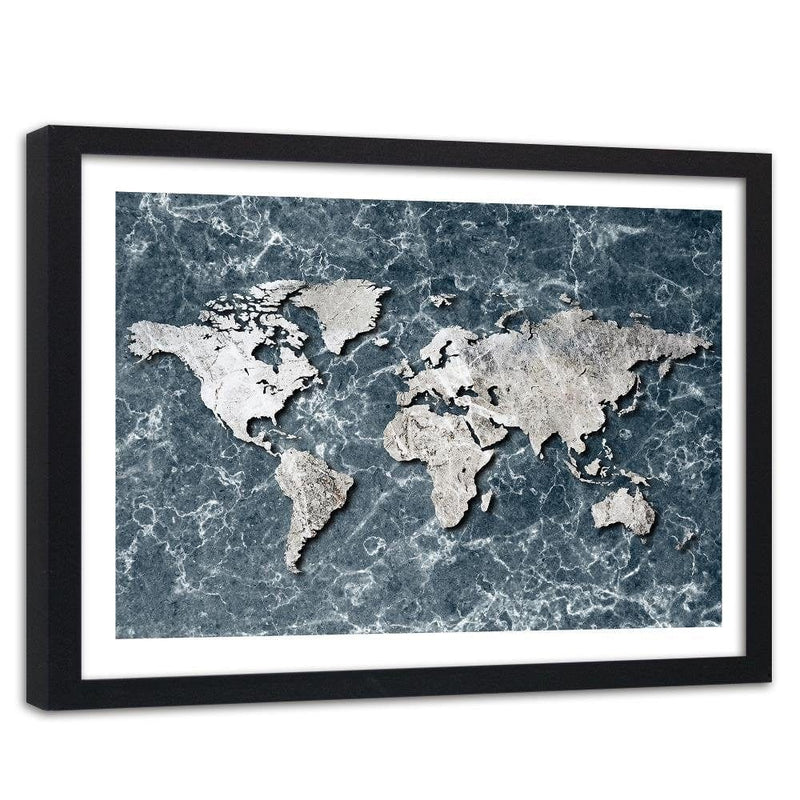 Glezna melnā rāmī - Map Of The World On Marble  Home Trends