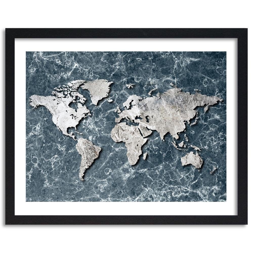 Glezna melnā rāmī - Map Of The World On Marble  Home Trends