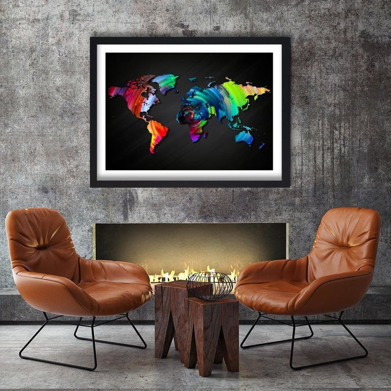 Glezna melnā rāmī - Map Of The World With Many Colors  Home Trends