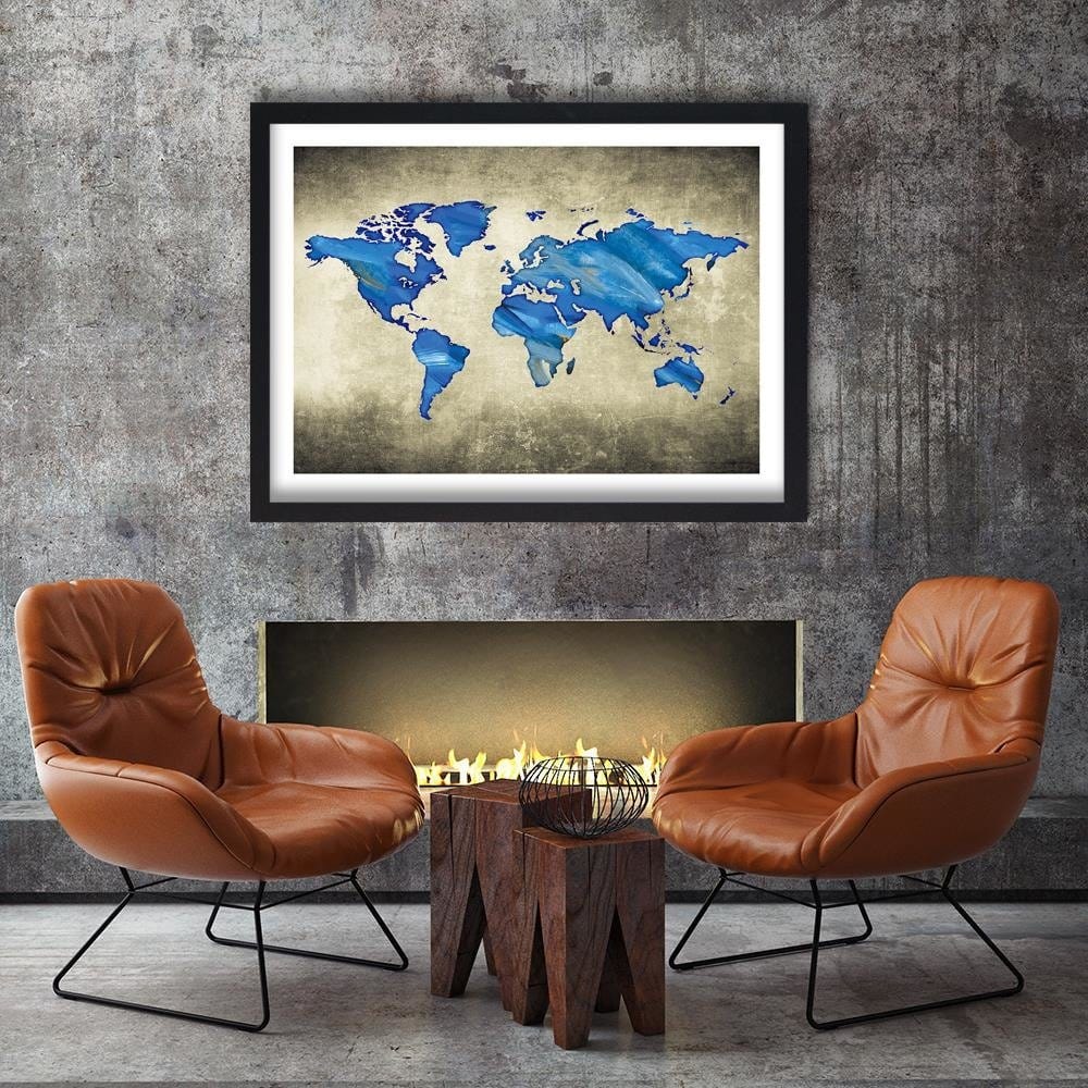 Glezna melnā rāmī - Navy Blue Map Of The World  Home Trends