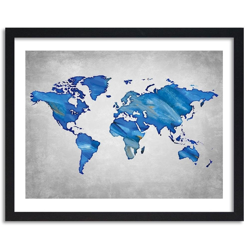 Glezna melnā rāmī - Navy Blue Map Of The World On Concrete  Home Trends