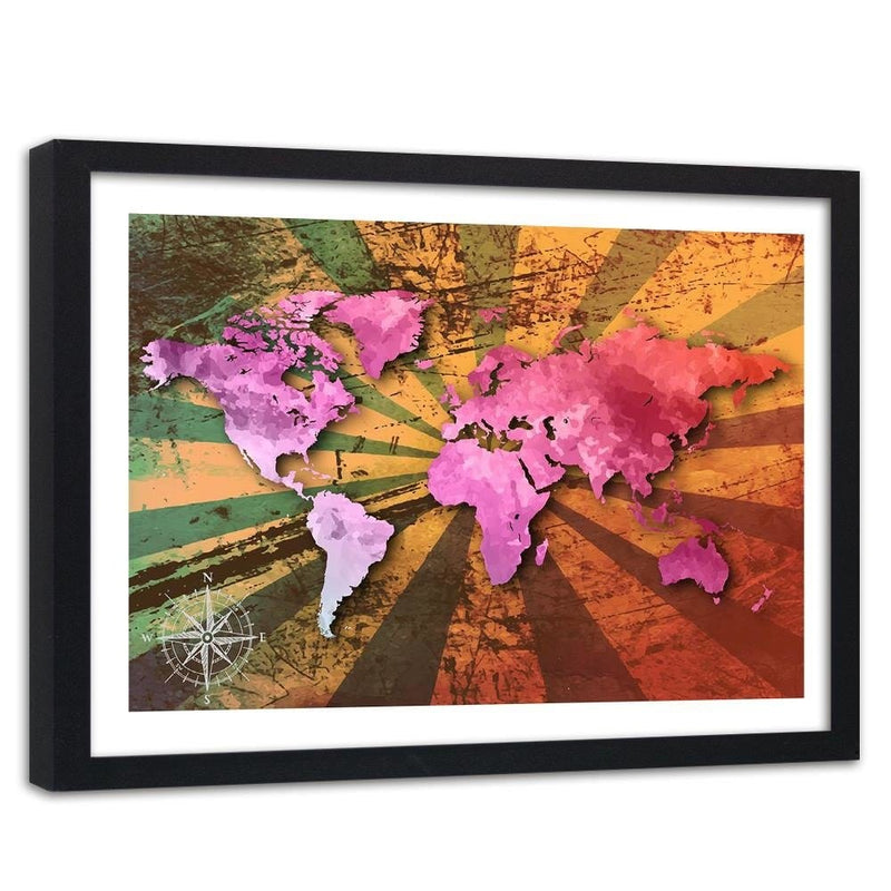Glezna melnā rāmī - Pink Vintage World Map  Home Trends