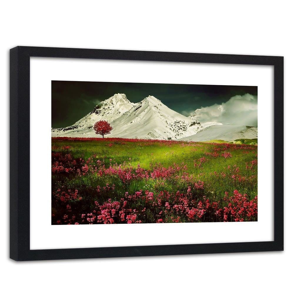 Glezna melnā rāmī - Snowy Mountains And Colorful Meadow  Home Trends