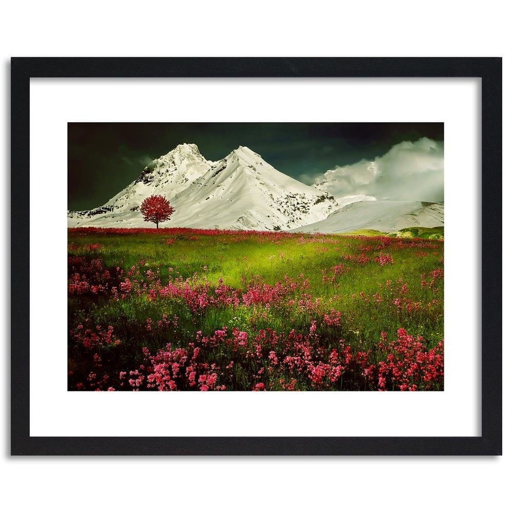 Glezna melnā rāmī - Snowy Mountains And Colorful Meadow  Home Trends
