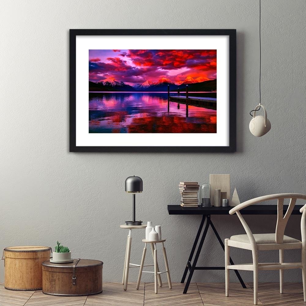 Glezna melnā rāmī - Snowy Mountains Lake 4  Home Trends