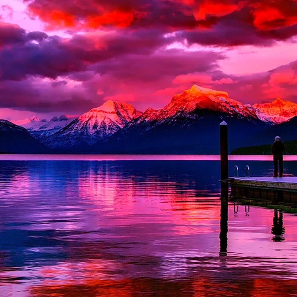 Glezna melnā rāmī - Snowy Mountains Lake 4  Home Trends