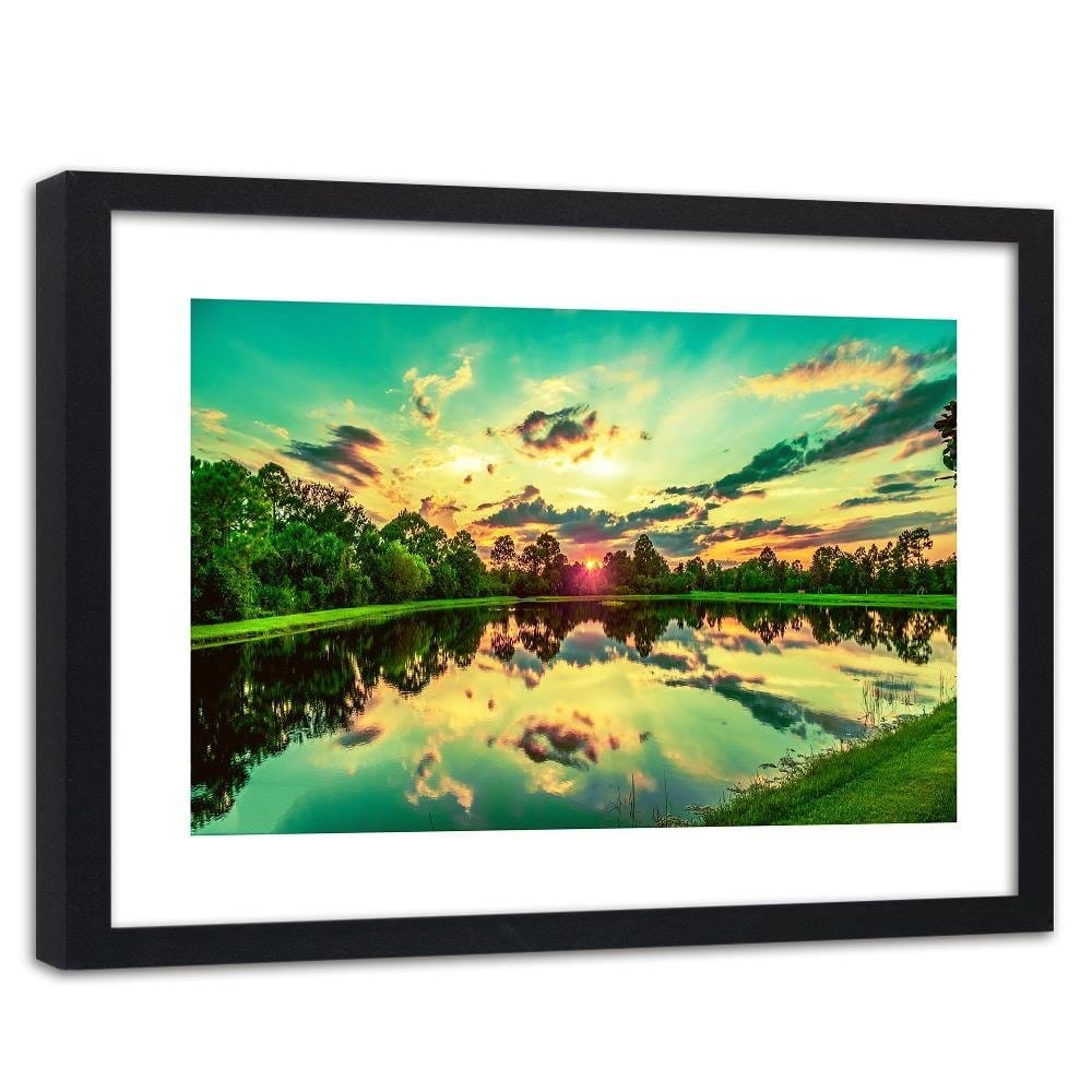 Glezna melnā rāmī - Sunrise Over The Lake  Home Trends
