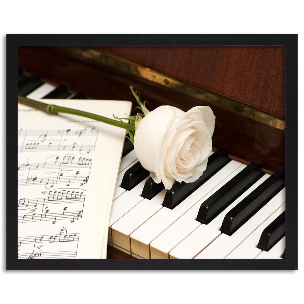 Glezna melnā rāmī - White Rose On The Piano  Home Trends