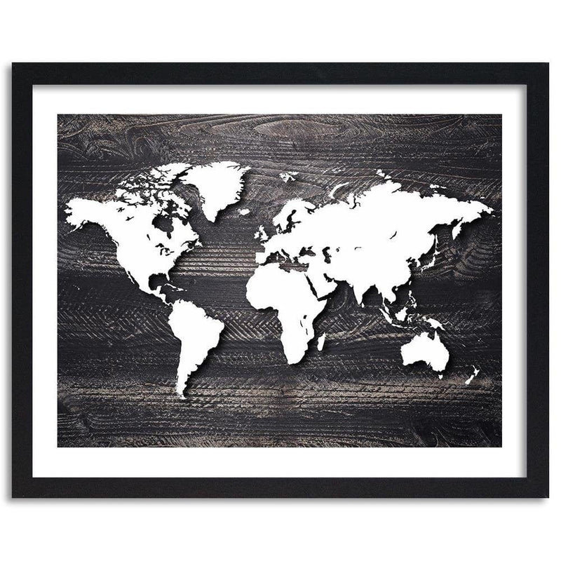 Glezna melnā rāmī - World Map On A Gray Wood  Home Trends