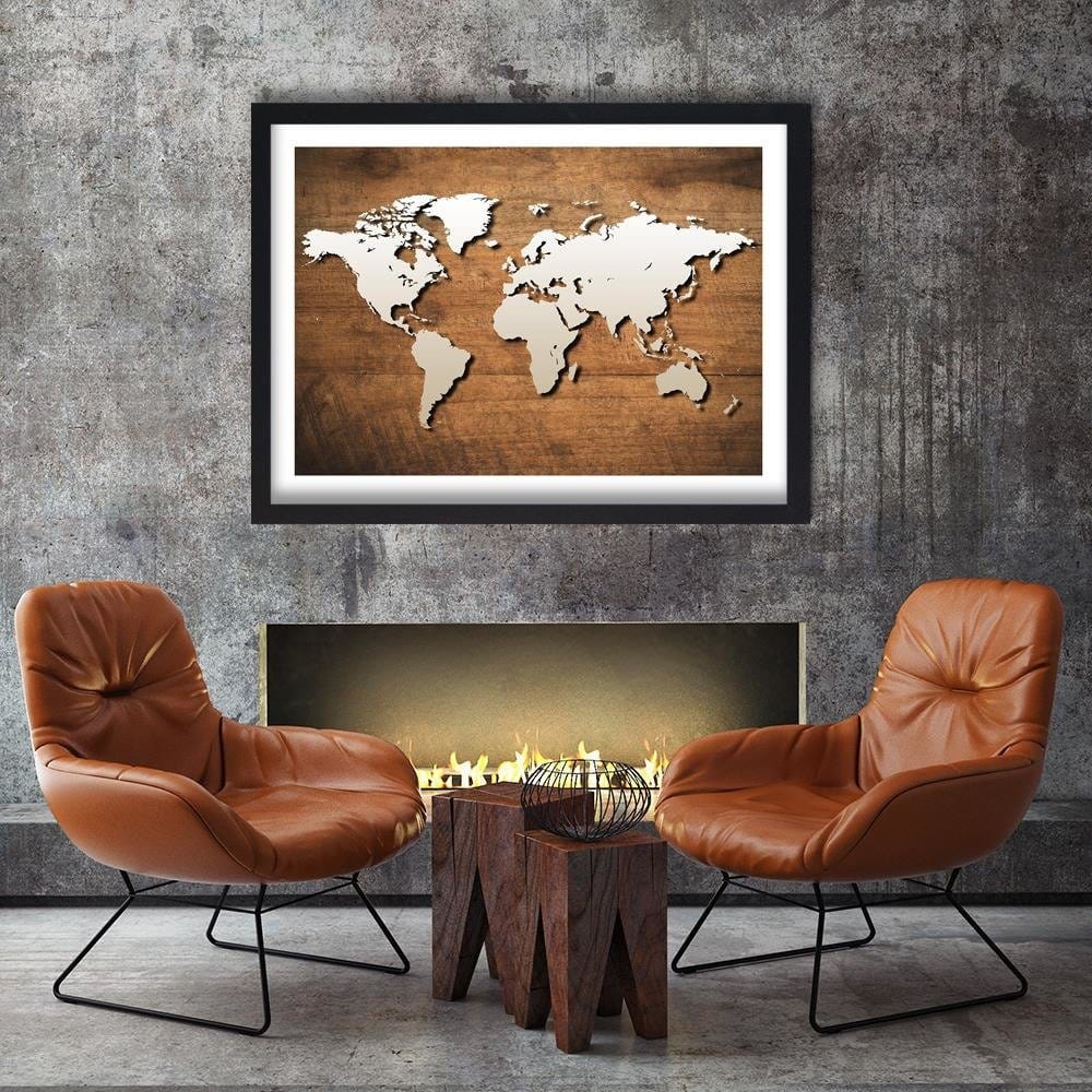 Glezna melnā rāmī - World Map On A Wooden Board  Home Trends