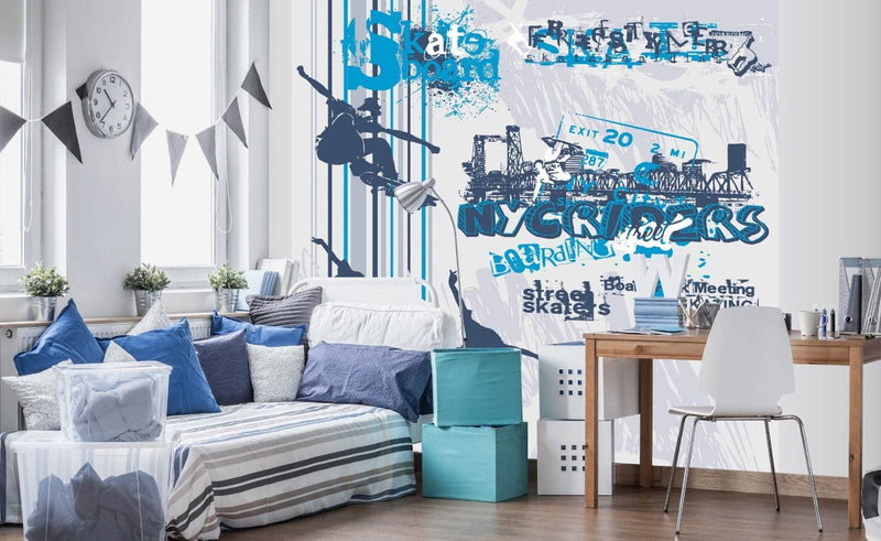Graffiti Flizelīna fototapetes ar skeitbordu zilā krāsā 225 x 250 cm D-ART