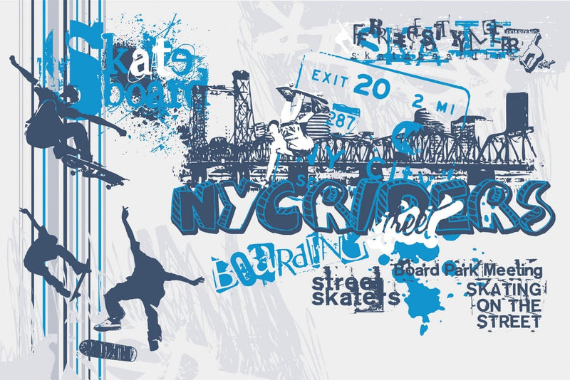 Graffiti Flizelīna fototapetes ar skeitbordu zilā krāsā D-ART