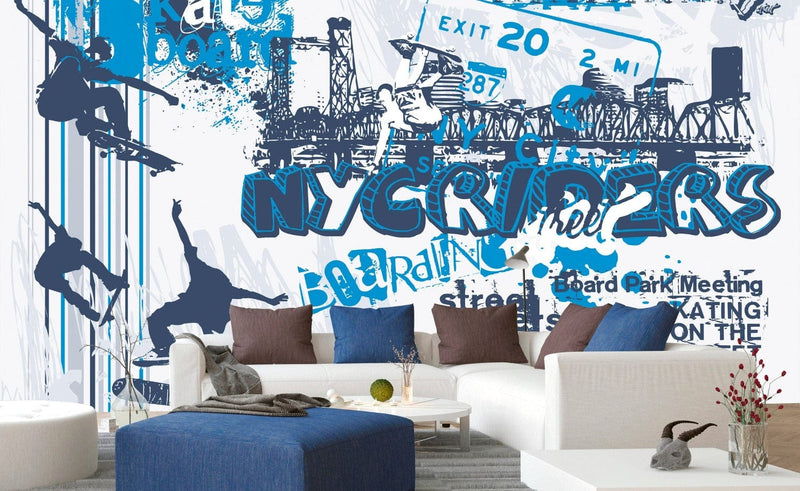 Graffiti Flizelīna fototapetes ar skeitbordu zilā krāsā 375 x 250 cm D-ART