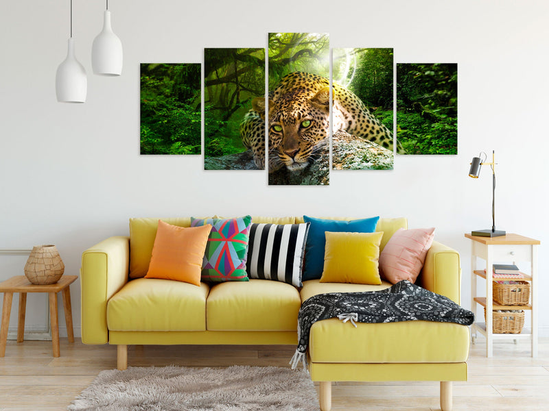 Kanva ar skaistu dabu - Leopard Lying (5 Parts) Wide Green Home Trends