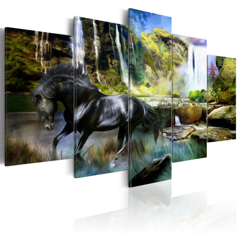Kanva - Black horse on the background of paradise waterfall Home Trends