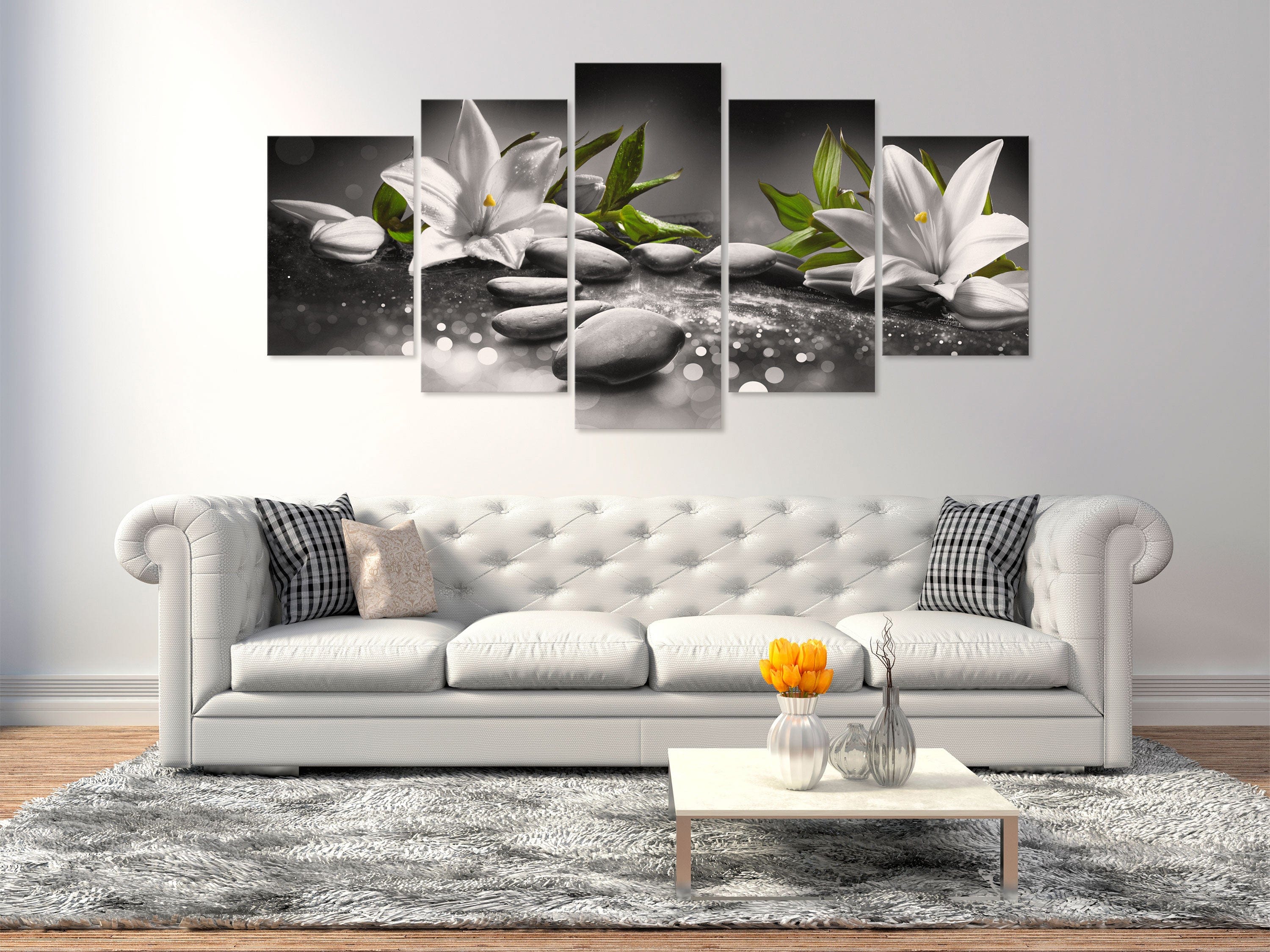 Glezna - Lilijas un akmeņi (5 daļas) horizontāla, pelēka Home Trends
