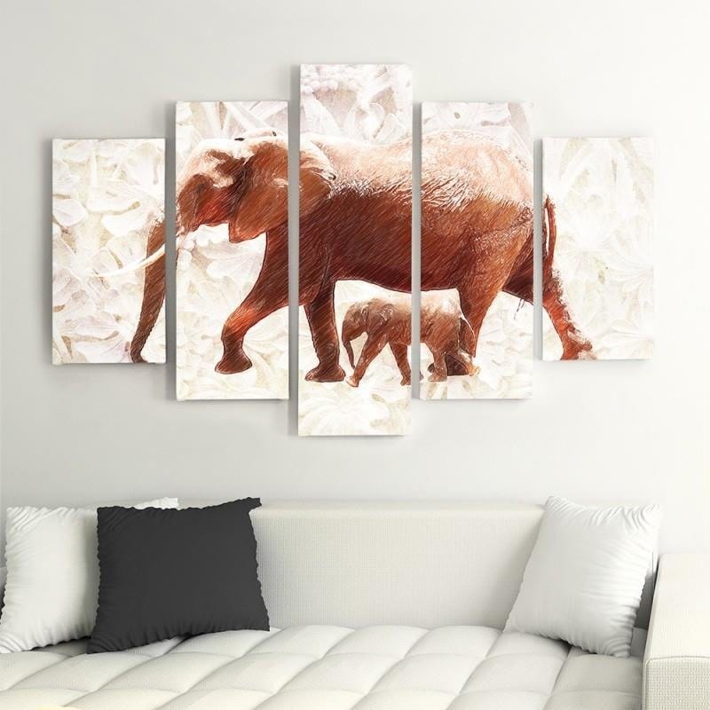 Kanva no 5 daļām - Type A, The Elephant With Her Calf  Home Trends DECO